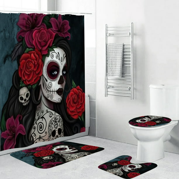 Skull Waterproof Home Shower Curtain Bathroom Non-slip Toilet Cover Mat Rug Set